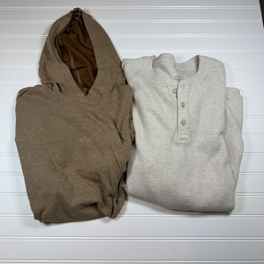 Sonoma Goods‎ For Life Mens Bundle Cream Henley Thermal Brown Hoodie Large 2pc